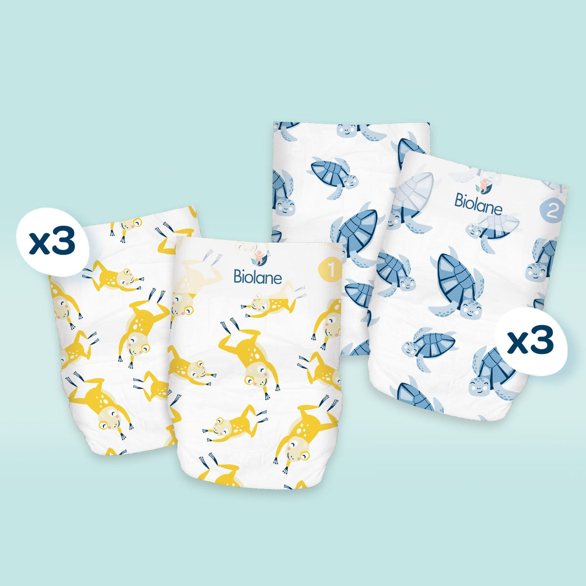 Kit d'essai couches Biolane avec trois couches taille 1 et trois couches taille 2