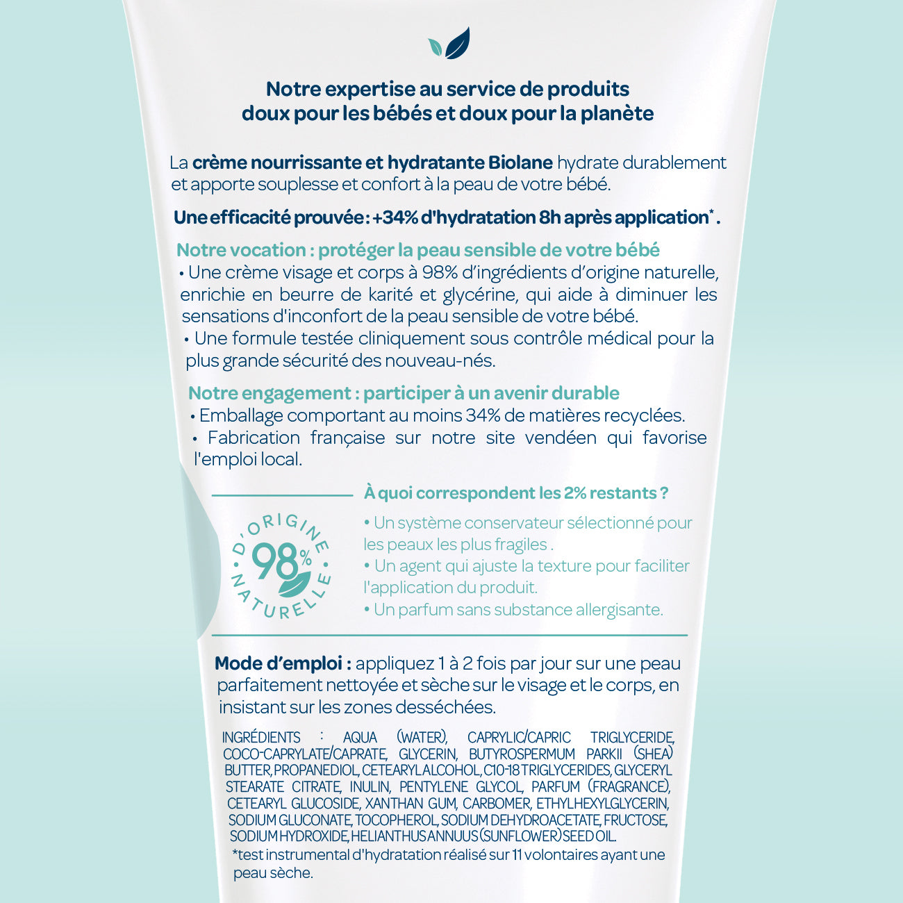 Biolane - Creme hydratante bebe bio - Nourrit et protège le visage et le  corps de bébé - 99% d'origine naturelle - 100 ml - Fabriqué en France