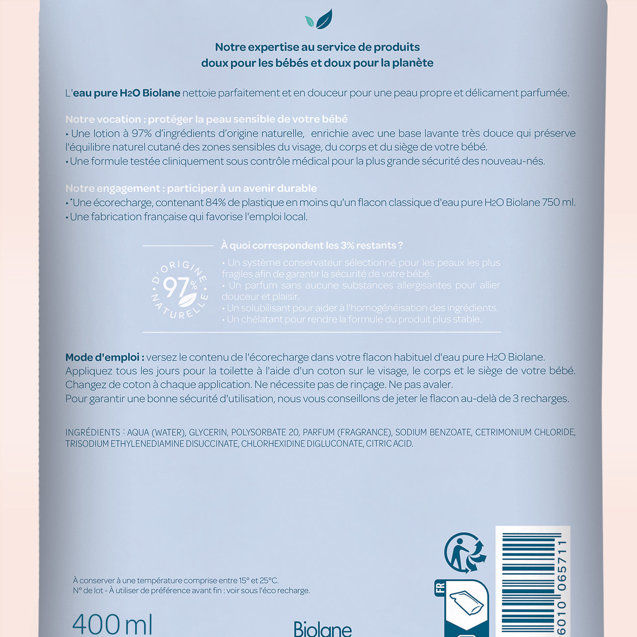 Biolane Bain & Toilette Eau Pure H2O Éco-Recharge 400ml
