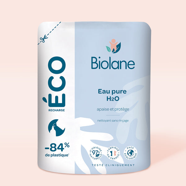 BIOLANE - Eau Pure H2O - Nettoyant pour le visage, corps et siège du bébé -  Sans rinçage - Très doux - Sans savon - Flacon de 400ml - Fabriqué en